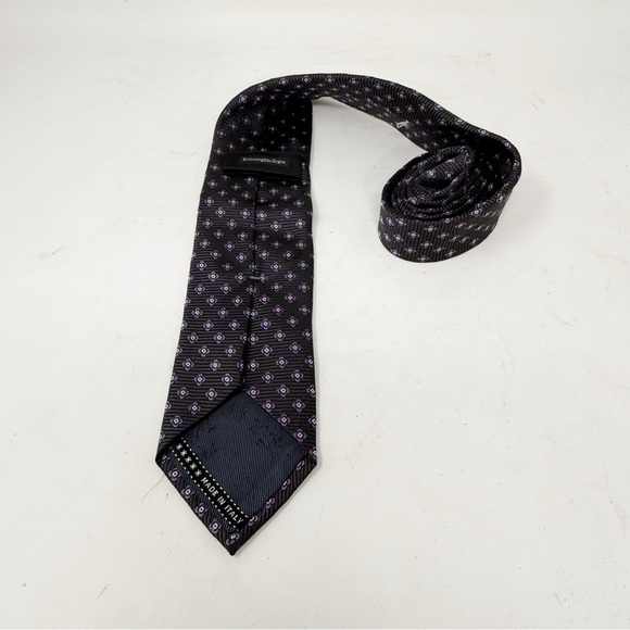 ERMENEGILDO ZEGNA Men’s Charcoal Gray Purple Geometric Weave Tie Made In Italy - Picture 3 of 5